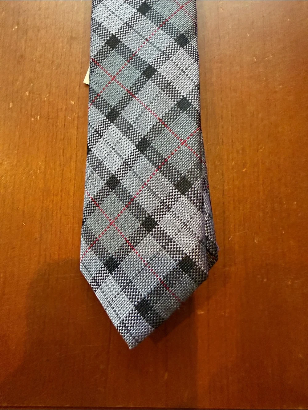 Bar III Gray Plaid Tie with Black and Red Accentsz